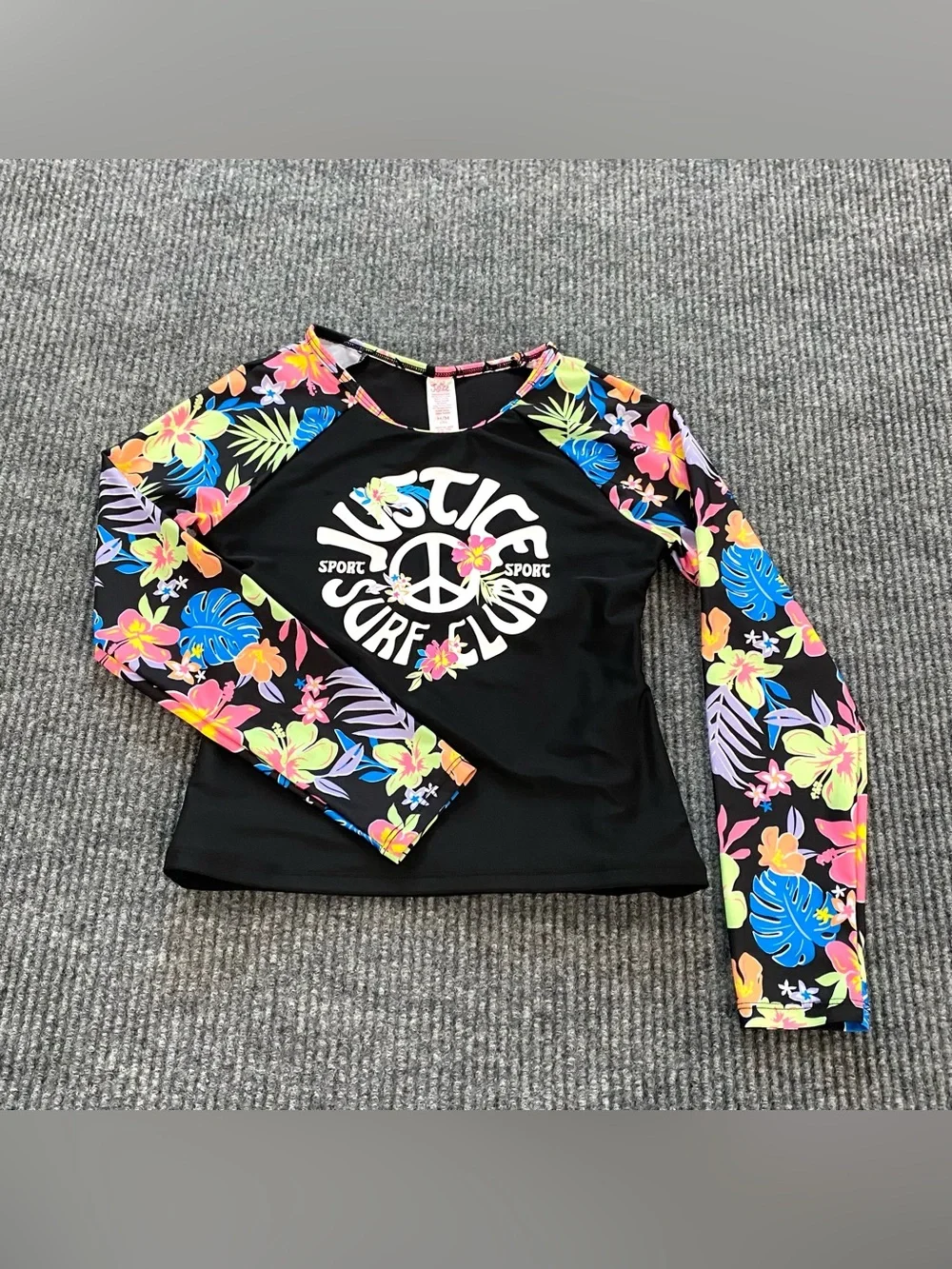 Justice Sport Girls M (10) Rash Guard Swim Shirt Long Sleeve Floral Peace Lake